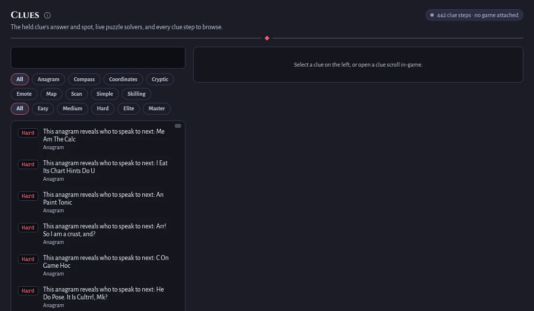 Clues panel with a searchable list of clue steps by type and tier